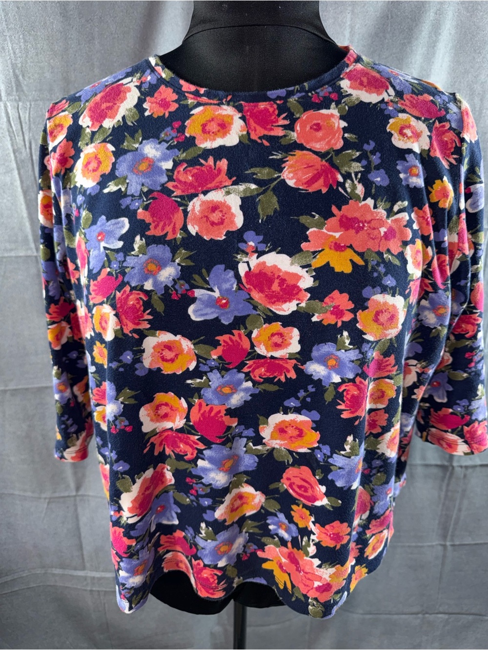 3043-Kim Rogers Navy Long Sleeve Top with Pink, Purple & Yellow Floral Print